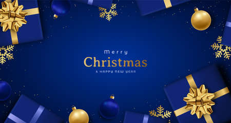 Christmas festive composition on dark blue background. Xmas flat lay. New Year decoration, realistic blue and golden bauble, gift boxes, snowflakes and sparkles.のイラスト素材