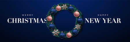 Christmas Wreath banner. Xmas wreath made of naturalistic looking pine branches decorated with blue and rose gold baubles, snowflakes.のイラスト素材