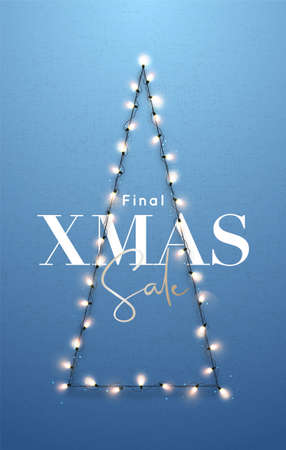 Greeting card with Christmas tree. Bright garlands hanging on light blue wall. Xmas Sale banner. Festive design template for winter holidays. Christmas light bulbs.のイラスト素材