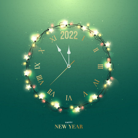 Greeting card with christmas wreath on green wall. Realistic lighting garlands and clock. Merry Christmas and Happy New Year. Stock Vector illustration.のイラスト素材