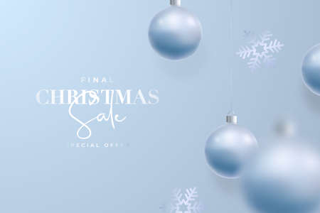 Final Christmas Sale Banner. Snowflakes and Christmas tree baubles hanging on light blue background. Motion blur effect. Stock vector illustration.のイラスト素材