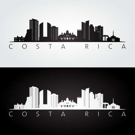 Costa Rica skyline and landmarks silhouette, black and white design, vector illustration.のイラスト素材