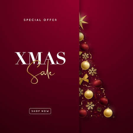 Decorative Christmas tree. Christmas Sale background. Realistic gold and red balls, star, snowflakes and serpantine. Design template for web site, social media, flyer, poster etc.のイラスト素材