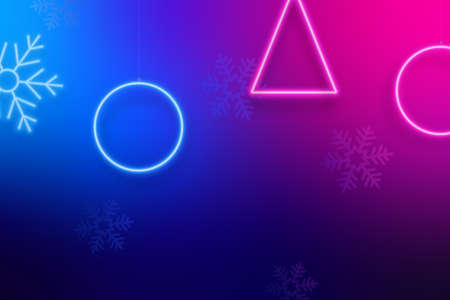 Christmas bright neon background. Vector realistic isolated neon circles, snowflake, triangle. Xmas hanging decorative elements on futuristic backdrop.のイラスト素材