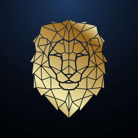 Gold Polygonal Lion head. Geometric Lion Portrait. Vector template for tattoo, clothes, t-shirt, poster etc. Mascot wild cat.のイラスト素材
