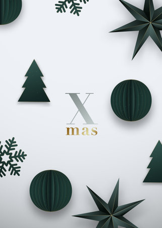 Xmas festive background. Green origami paper balls, stars, snowflakes, christmas tree on white backdrop. Design elements for holiday cards, poster, flyer.のイラスト素材