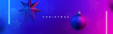 Modern Christmas neon banner. Hanging blue and pink neon led lights, 3d ball and star. Universal vector background for banner, flyers, web header.のイラスト素材