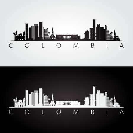 Colombia skyline and landmarks silhouette, black and white design, vector illustration.のイラスト素材