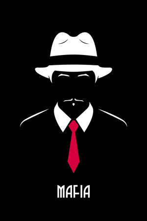 Italian Mafioso. Chicago mobster. Genleman with white fedora hat and red tie. Black and white vector illustration.のイラスト素材