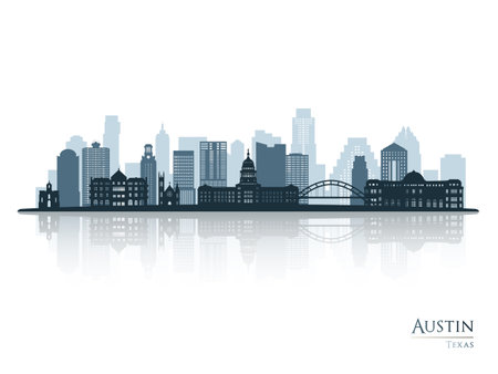 Austin skyline silhouette with reflection. Landscape Austin, Texas. Vector illustration.のイラスト素材