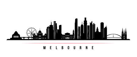 Melbourne skyline horizontal banner. Black and white silhouette of Melbourne, Australia. Vector template for your design.のイラスト素材