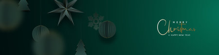 Christmas green banner. Festive background with Green origami paper balls, stars, snowflakes, christmas tree. Xmas balls motion blur effect. New Year vector background, web header, social media bannerのイラスト素材