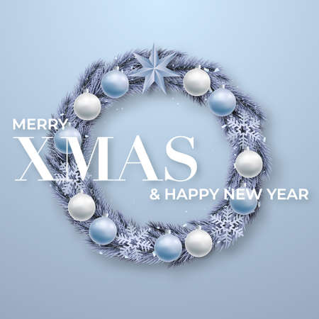 Realistic Christmas fir wreath with balls, snowflakes and the inscription - Merry Xmas and Happy New Year. Christmas decor on blue wall.のイラスト素材