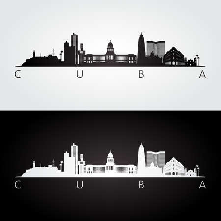 Cuba skyline and landmarks silhouette, black and white design, vector illustration.のイラスト素材