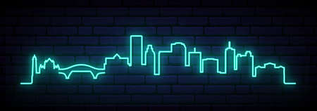 Blue neon skyline of Corpus Christi. Bright Corpus Christi City long banner. Vector illustration.のイラスト素材