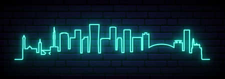 Blue neon skyline of Tel Aviv. Bright Tel Aviv City long banner. Vector illustration.のイラスト素材