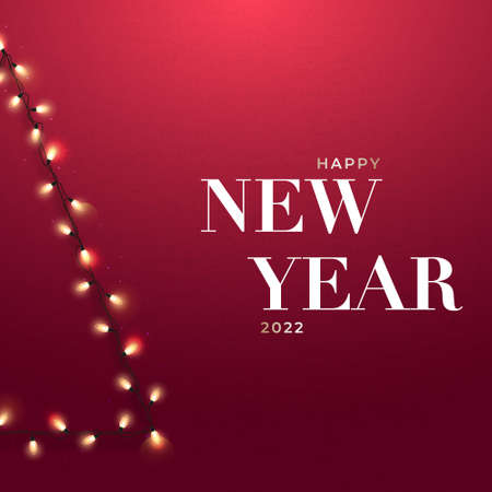 Happy New Year 2022. Decorative Christmas tree made of garlands on dark red background. New Year cover, poster, instapost etc.のイラスト素材