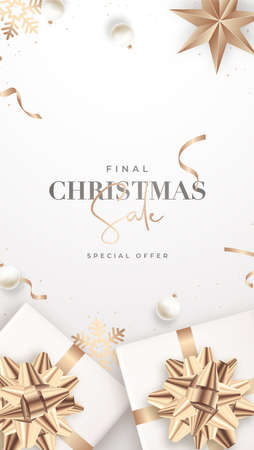 Christmas Sale banner. Xmas flat lay composition. Christmas decoration realistic baubles, golden star and serpantine, white gift boxes with gold bows. Design poster shoping store, shop discount bannerのイラスト素材