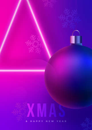 Christmas Neon Flyer. Realistic christmas ball and glowing pink neon christmas tree. Xmas greating card. Stock vector illustration.のイラスト素材