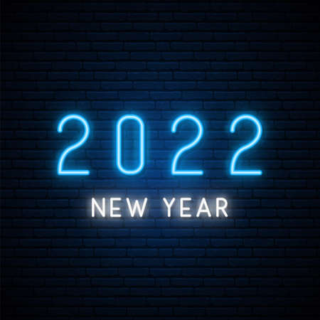 2022 New Year neon signboard. Festive vector banner on dark brick background. Vector greeting banner.のイラスト素材