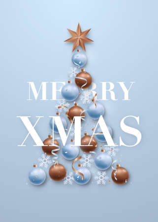 Greeting card with Christmas tree flat lay composition on sierra blue backdrop. Inscription Merry Xmas. Realistic bronze and blue baubles, star and snowflakes. Stock vector illustration.のイラスト素材