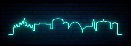 Blue neon skyline of Anaheim. Bright Anaheim City long banner. Vector illustration.のイラスト素材