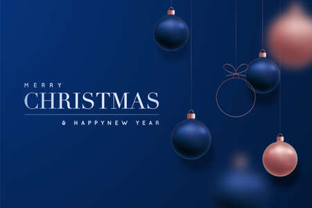 Merry Christmas and Happy New Year luxury background. Holiday dark blue background with hanging rose gold and blue balls. Christmas balls motion blur effect.のイラスト素材
