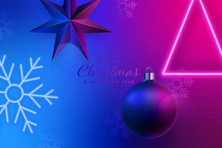 Modern Christmas banner in night club. Neon snowflake and christmas tree. Xmas ball and star. Greeting New Year banner. Futuristic festive background.のイラスト素材