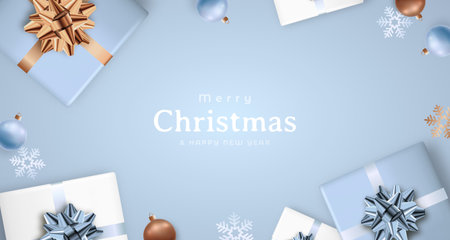 Christmas design template with winter decor on light blue background. Modern flat lay composition. Xmas design with realistic gift boxes, balls and snowflakes.のイラスト素材