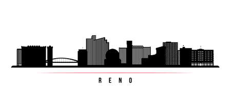 Reno skyline horizontal banner. Black and white silhouette of Reno, Nevada. Vector template for your design.のイラスト素材