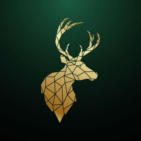 Golden deer head in geometric style. Reindeer Polygonal portrait on dark green background. Side view. Stock vector illustration.のイラスト素材
