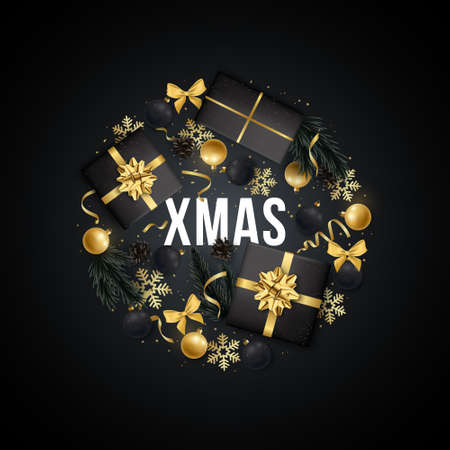 Round shaped Christmas decorative composition with realistic gift boxes, balls, pine cone, Christmas tree branches on black background. Festive design for greeting cards, posters etc.のイラスト素材