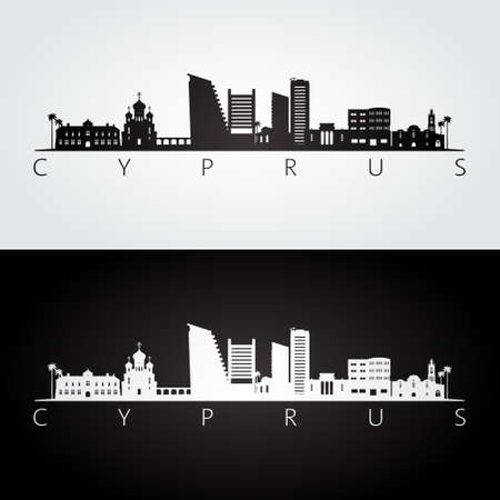 Cyprus skyline and landmarks silhouette, black and white design, vector illustration.のイラスト素材