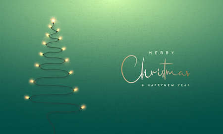 Christmas tree formed garland lights on green wall background. Xmas greeting card. Glowing lights isolated on backdrop. New Year design template.のイラスト素材