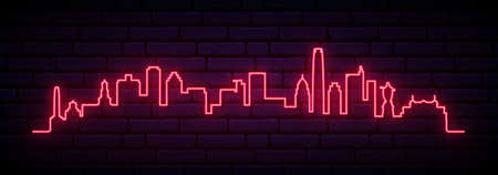 Red neon skyline of Santiago. Bright Santiago City long banner. Vector illustration.のイラスト素材