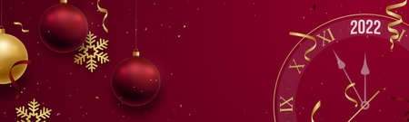 Happy New Year long banner. Festive red background with hanging gold and red balls. snowflakes and clock. Desifn template for web header, banner, invitation to nightclub. Golden wall clock with 2022.のイラスト素材