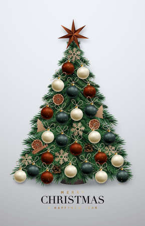 Realistic Christmas Tree with ornaments: cinnamon, orange slice, craft snowflakes, balls and star. Xmas greeting card. Scandi style. Happu New Year banner.のイラスト素材