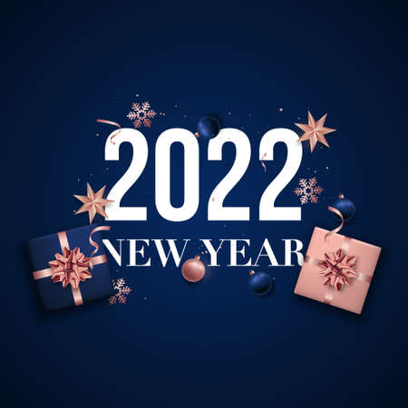 2022 Happy New Year banner. Flat Lay composition with gift boxes, shiny balls and star. Festive design for greeting cards, posters, sale etc.のイラスト素材