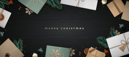 Merry Christmas banner. Flat lay composition with fir tree branch, cinnamon, orange slice, berries, gift craft box, envelope and pine cone on black wooden floor. Scandinavian style.のイラスト素材