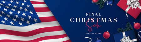 Christmas patriotic banner with USA flag. Realistic blue, red gift box, balls and silver foil bow. Merry Christmas and happy new year America. Xmas Sale banner.のイラスト素材