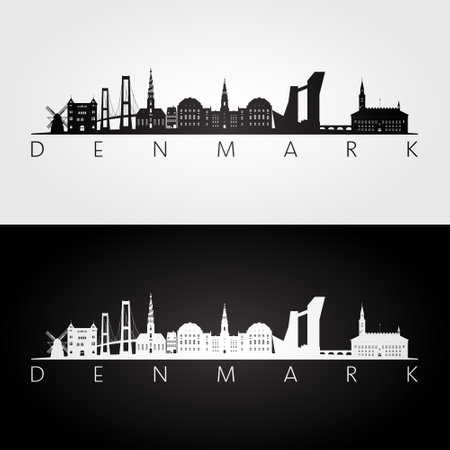 Denmark skyline and landmarks silhouette, black and white design, vector illustration.のイラスト素材