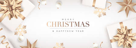 Christmas horizontal banner. New Year design of realistic gold and white gift box, star, balls, snowflakes and confetti. Horizontal Xmas banner, greeting card, headers for website.のイラスト素材