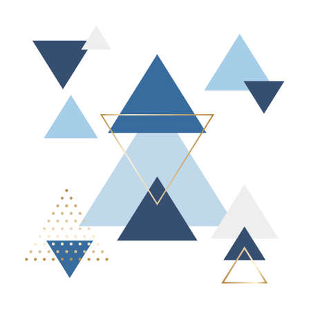 Abstract minimalistic scandinavian backround. Geometric composition in form of blue, gray and gold triangles shapes. Scandi design for home decoration, poster and cover.のイラスト素材