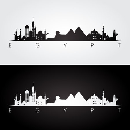 Egypt skyline and landmarks silhouette, black and white design, vector illustration.のイラスト素材