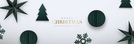 Christmas web banner. Green origami paper balls, stars, snowflakes, christmas trees with gilded border. NYE vector background, web header, social media banner.のイラスト素材