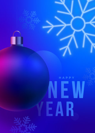 New Year greeting card. NYE Blue neon glowing snowflake and hanging christmas ball. Template for vertical banner, website advertising, party invitation, social media, instastories.のイラスト素材
