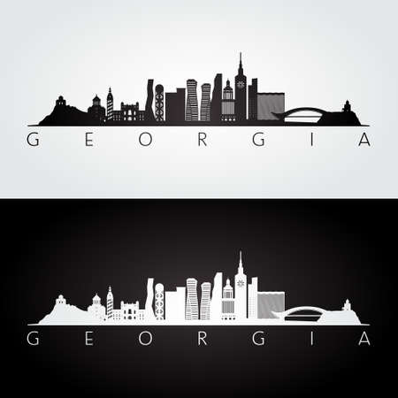 Georgia skyline and landmarks silhouette, black and white design, vector illustration.のイラスト素材
