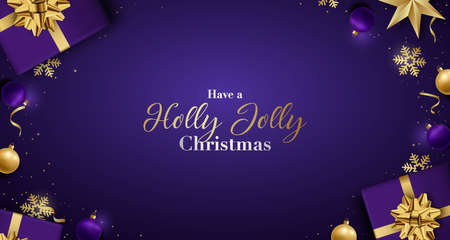 Have a Holly Jolly Christmas. Xmas flat lay composition. Realistic violet gift boxes, Shiny golden confetti and baubles. Festive Greeting banner. New Year Sale baner. Top view.のイラスト素材