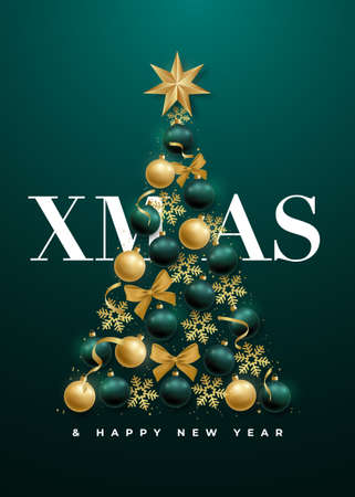 Abstract Luxury Christmas tree with realistic gold and green baubles, snowflake, bows and star. Xmas festive green background with decorative balls. Stock vector illustration.のイラスト素材