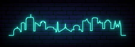 Blue neon skyline of Minsk. Bright Minsk City long banner. Vector illustration.のイラスト素材